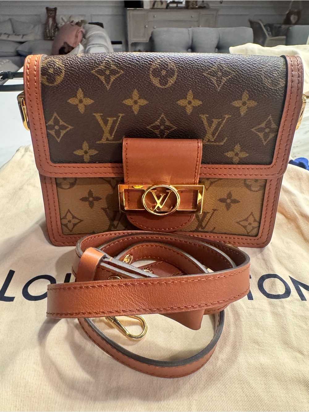 Louis Vuitton Monogram Mini Dauphine with Tan Leather Trim and Gold Hardware
